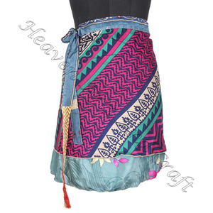 กระโปรงมินิผ้าส่าหรีของผู้หญิง,กระโปรงคลุมเข่าขนาดเล็กแนววินเทจผ้าไหมสไตล์อินเดียฮิปปี้สำหรับฤดูร้อน - Product Image 4