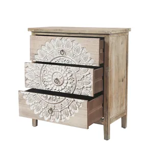 Wholesale <b>Wooden</b> <b>Storage</b> Antique Style Rustic Solid Wood Carved Mango Wood <b>Chest</b> with 3 Drawer for Living Room - Product Image 1
