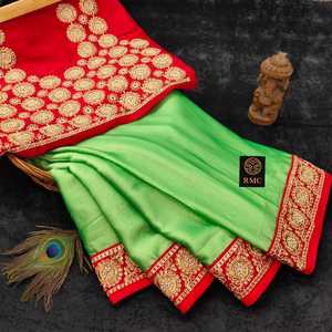 Sari de seda de diseñador con blusa bordada Bollywood estilo indio Torque Color para adultos - Product Image 6