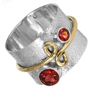 Grenat naturel Gemstone Awesome Texture Band Two Tone Ring 925 Sterling Silver Spinner Eternity Vermeil Rings - Product Image 3