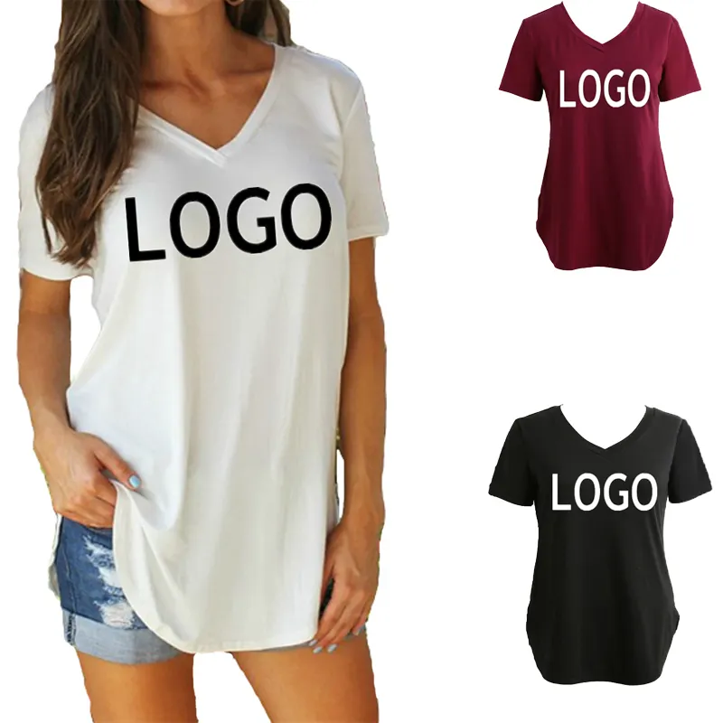 Hot Sexy 100% Cotton V Neck Women T Shirts, Fashion Blank Scoop Hem V Neck Short Sleeves Breathable T Shirts For Ladies