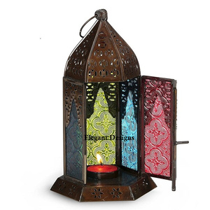 Linterna marroquí de Metal de Color marrón, vela de Vidrio colorido de tamaño mediano, creativa, elegante y barata - Product Image 1