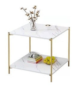 Modern 2-Tier Square <b>White</b> Marble Top <b>Side</b> End <b>Table</b> with Gold Frame 2-Tier Storage Shelf for Living Room Bedroom Decoration - Product Image 1
