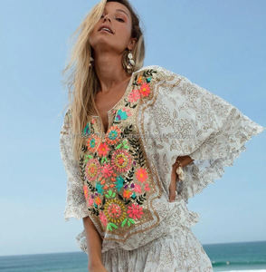 Boho Glam Embellished ด้านหน้า Elasticated เอว Ruffle Trim แขนผู้หญิง Kaftan ชุดเซ็กซี่ Lady Poncho ปัก - Product Image 3