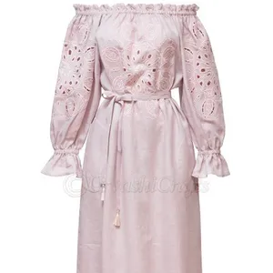 vintage Richelieu embroidery work off shoulder linen fabric long dresses