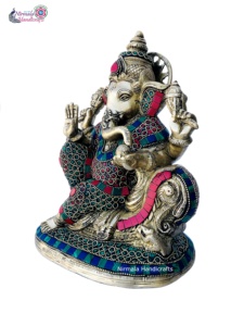 Artesanía Nirmala, Estatua de Latón del Dios Ganesha, Acabado en Piedra, Accesorios Religiosos para Pooja, Adorno para Mesa de Templo o Escritorio, Rajasthan - Product Image 3