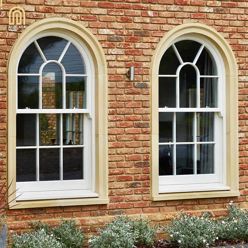 Alucasa French Style White Grill Frame Aluminium Window, Arched Top Aluminum Exterior Window Design