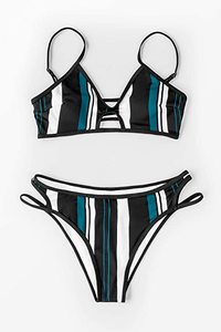 Women's Customizable Blue <b>White</b> Striped <b>Bikini</b> Set Strapless Animal Letter Knitting Print Summer Beach Adjustable Strap Adults - Product Image 2