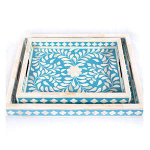 Customized Top Quality Handcrafted Natural Wood Bone Inlay Round Floral Serving <b>Tray</b> for Home Restaurants Hotel From India - Product Image 6