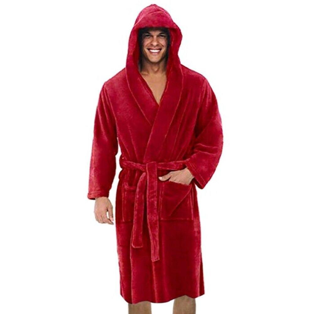 New Robe For Men Solid Color Bandage Bathrobe Long Sleeve Hooded Robes Male Lounge Wear Dressing Gown Men Sleep Tops 