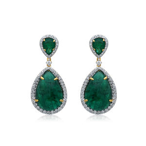 28 Ct Natural Emerald Gemstone Solid 14k Gold Designer Pave <b>Diamond</b> Drop <b>Dangle</b> <b>Earrings</b> Wedding Jewelry - Product Image 6