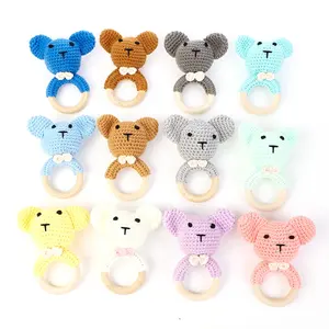 Rattle Wood Wholesales Natural Wood Baby Rattles Accessories Baby Toys Rattle Bear Animal Shape Cotton Rattle