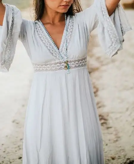 Maillot de bain de vacances vieilli personnalisé grande taille robe Maxi Boho à manches longues en dentelle couverte au crochet pour soirée