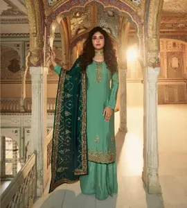 Eid Indian Pakistaanse Dragen Katoen Satijn Salwar Pakken Borduren Gewerkt Charmante Uitstraling Salwar Kameez Mooie Satin Suits