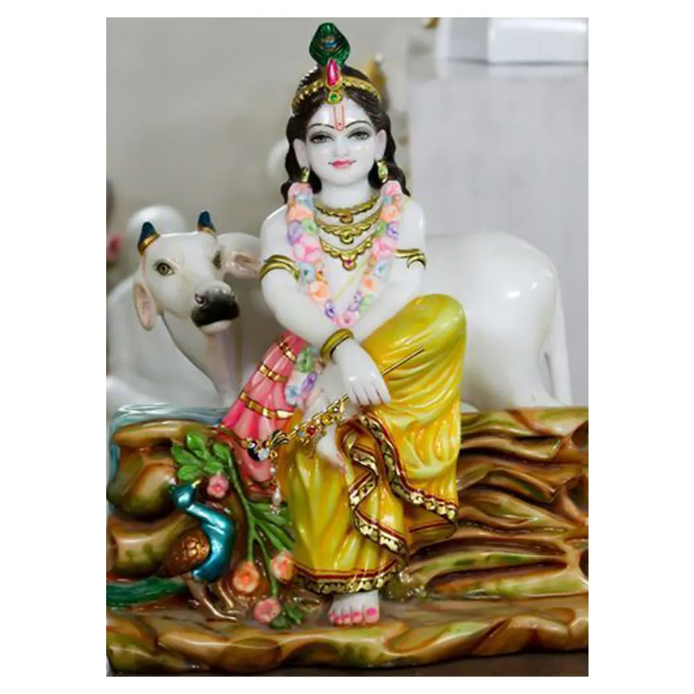 Natürlicher weißer Marmor Shri Krishna sitzende handgemachte Statue mit Kuh