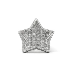 Exclusive Fully <b>Iced</b> Out Round and Baguette Star Shape Classic Style Diamond Studded White Gold Engagement <b>Ring</b> for Men - Product Image 1