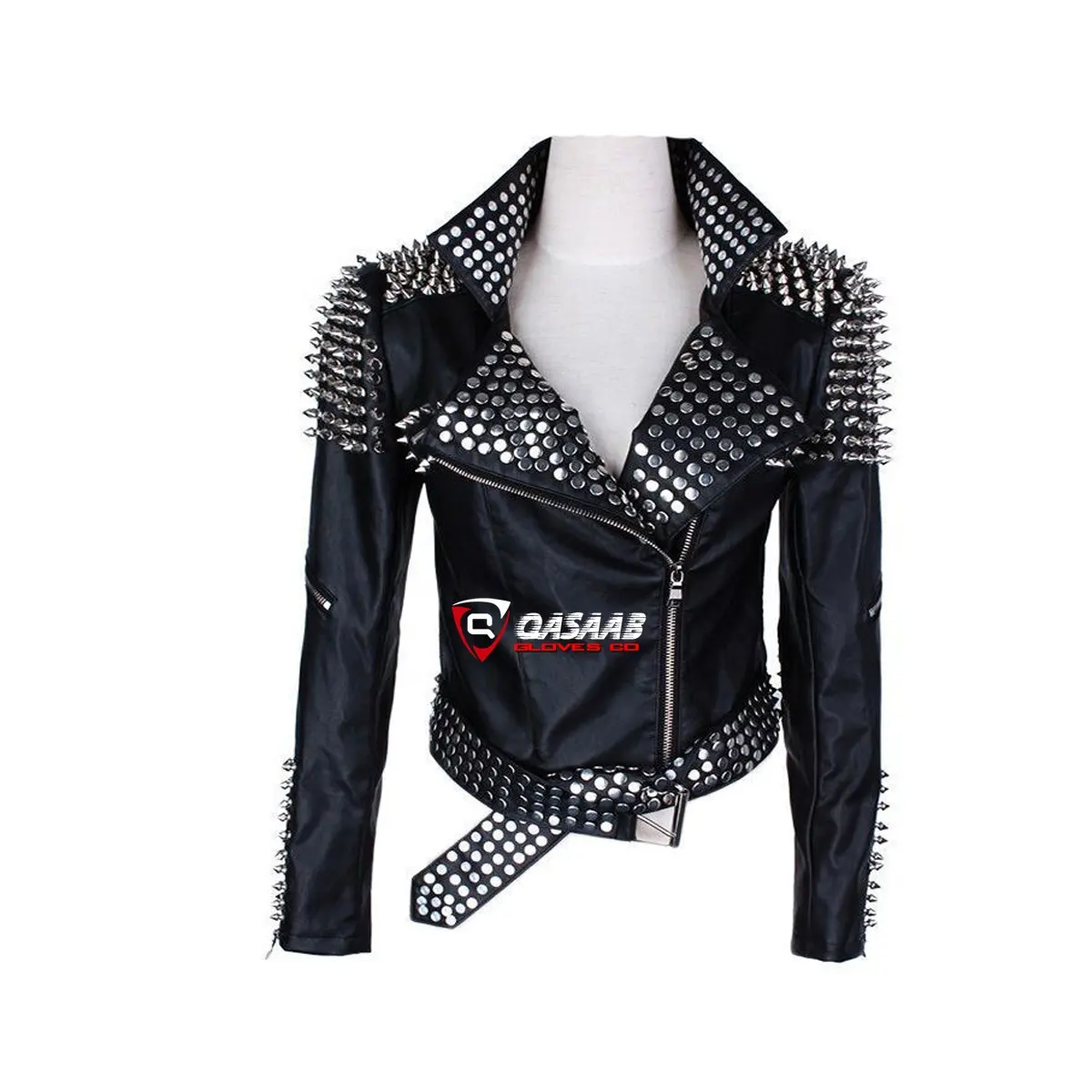 Mulheres Motocicleta Cor Preta Jacket Handmade Prata-Studs Jacket cravado Studs Cinto personalizado