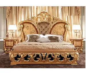Teak Wood King Size Bedroom Furniture Set Designer European Style Bedroom Furniture Luxury Gold Finish Solid Wood Bedroom