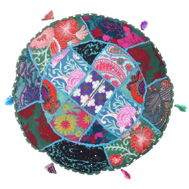 Fodera per Pouf da pavimento rotonda fatta a mano copriletto Patchwork grande Pouf poggiapiedi Boho tiro Yoga seduta cuscino indiano all'uncinetto