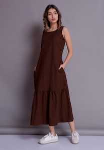 Robe à la mode en lin pour femmes, col en crêpe, sans imprimé, longueur au sol, couleur bordeaux, nouvelle collection - Product Image 2