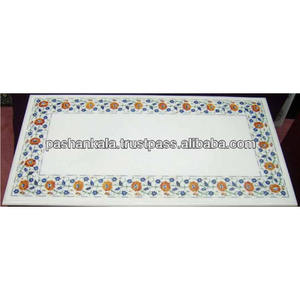 Mesa de comedor con incrustaciones de piedra de mármol blanco, semipreciosa - Product Image 1