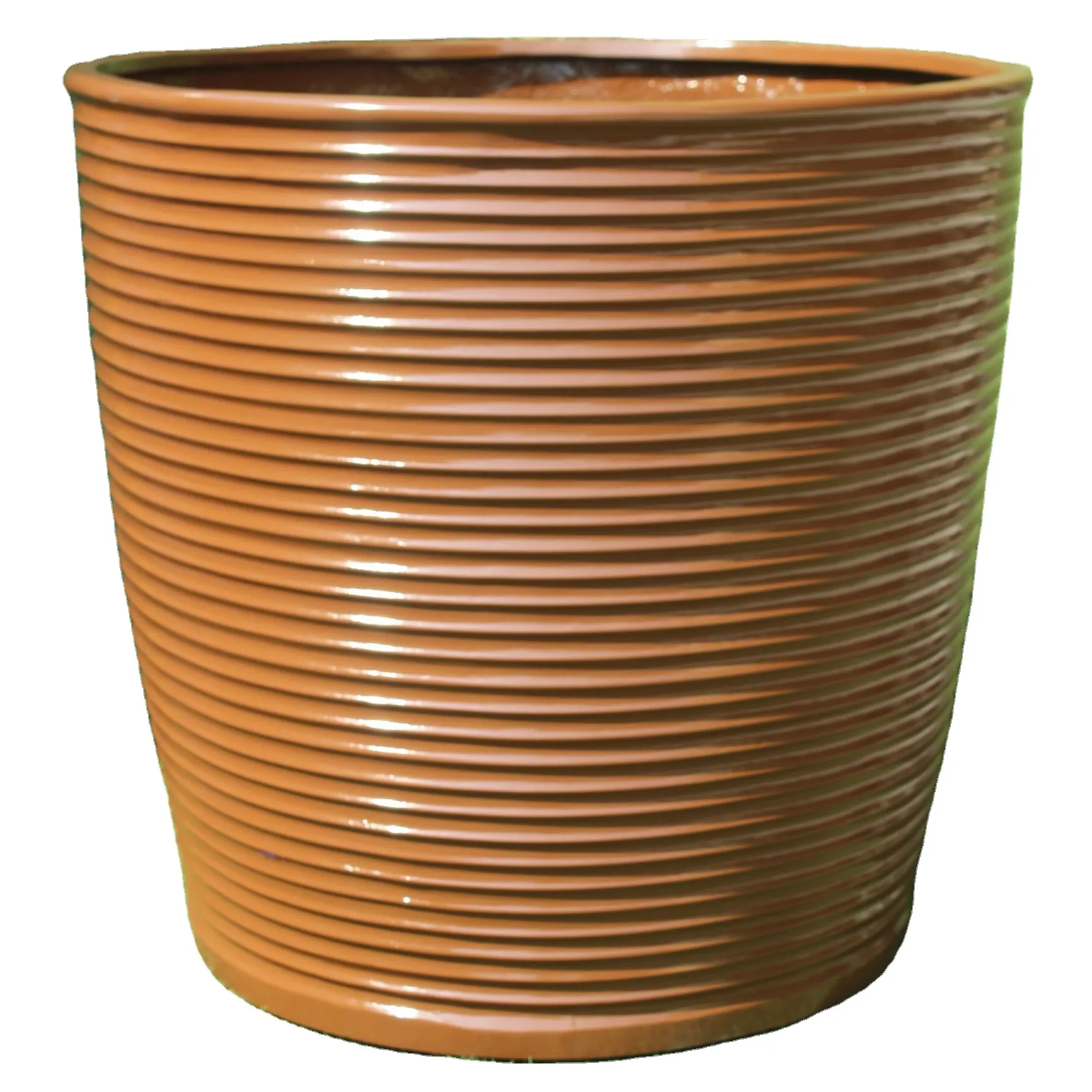 Circle Brownish Ribs Outdoor Indoor FRP Flower Vase Wholesale Planter Decorative Pot for shopping mall And Hotels.