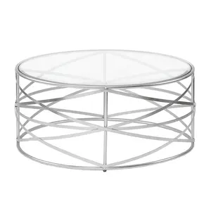 Solid Wire Mesh Round Coffee Table with Metallic Silver Metal Frame and Glass Top