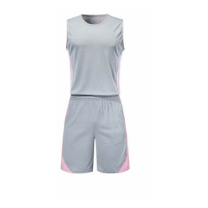 Ensemble de maillot de basket-ball unisexe gris et rose à blocs de couleur, débardeur sans manches avec short, évacuation de l'humidité, respirant, séchage rapide - Product Image 1