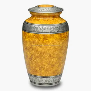 Classic Yellow Silver Cremation Urn with Flower Band for Handcrafted Large Funeral Urn for Human Ashes