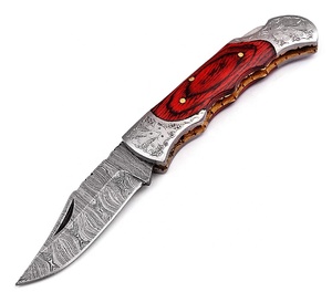 Cuchillo de Caza Plegable de Acero Damasco ZR de Grado Industrial, Hecho a Mano, de Alta Calidad, con Mango de Madera de Color Rojo - Product Image 1
