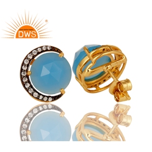 อควาสีฟ้า Chalcedony และสีขาวเพทายพลอยสตั๊ดต่างหูผู้ผลิต18พันชุบทอง925เครื่องประดับเงินผู้ค้าส่ง - Product Image 2