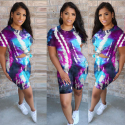 Breathable New Hot Casual Women Fashion Tie Dye <b>Rainbow</b> 2 Piece Biker Short Two Piece Pants Set for Summer - Product Image 5