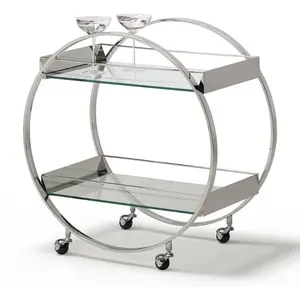 Contemporary Modern Clear Glass Chrome Steel Frame Circular Living Room Furniture Fixed Top Table Trolley