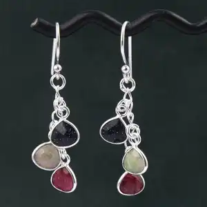 Hoàng Gia tìm kiếm màu đỏ tự nhiên của RUBY & màu xanh sunsitara với Moonstone hình trái tim bông tai đồng thau mạ bạc thả dangle móc bông tai