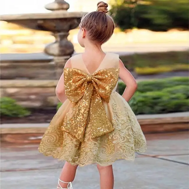 Gute Qualität Kinder kleidung Kinder stickerei Gold Pailletten Bling Bogen Kleid Kinder Geburtstag Hochzeits feier tragen Kleid L1973XZ