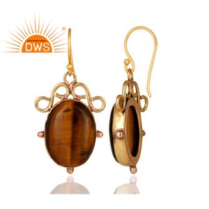 Boucles d'oreilles en pierre précieuse œil de tigre, laiton plaqué or 18 carats, fabricant de bijoux - Product Image 3