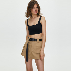 <b>Women</b> High Waist <b>Cargo</b> <b>Shorts</b> With Belt Solid Color Canvas Casual Style Regular Fit Breathable Elastic Waist - Product Image 3