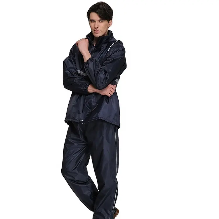 Men's polyester waterproof rain jacket with pants and reflective line