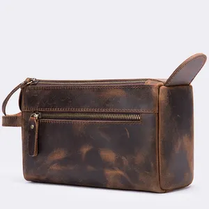 Stylish Antique Men Travel Bathroom Shaving Kits Hanging Crazy Horse Leather Toiletry Bags