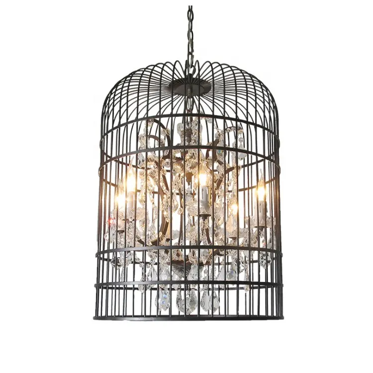 Industrial Vintage Lighting Crystal Ceiling Chandelier 6 Lights Metal Birdcage Chandelier Hanging Pendant Ceiling Lamp Fixture