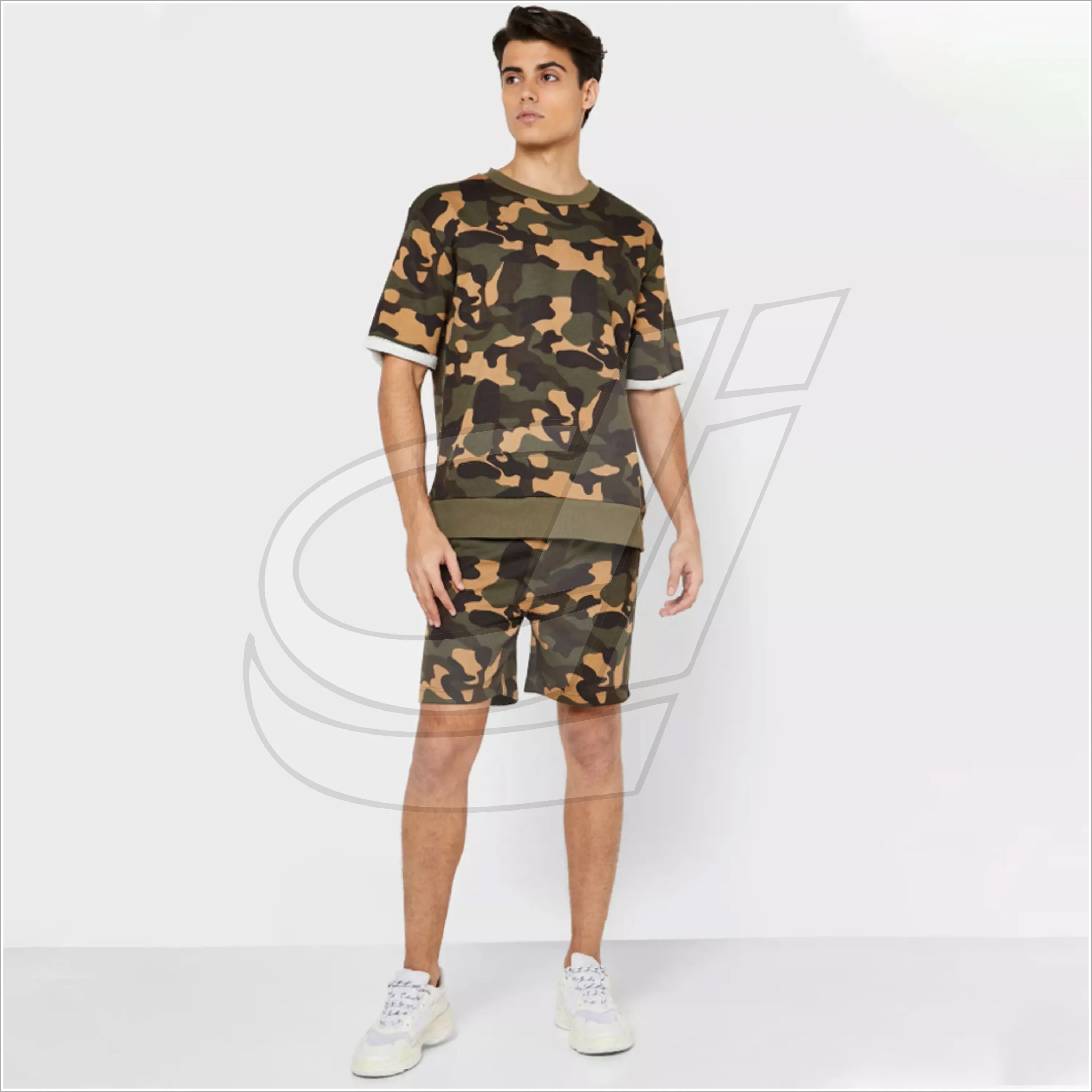 Sublimación CAMO diseño slim fit tamaño o cuello manga corta logotipo personalizado hombres camuflaje conjuntos gemelos