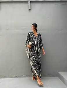 보헤미안 여성 의류 제조 넥타이 염색 카프탄 면 느슨한 맞춤 착용 맥시 원피스 V 네크라인 예쁜 맞춤 제작 카프탄