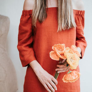 New arrival fashionable coral red color crepe fabric Strapless neck off-solder 3\4 sleeve knee-length for <b>sexy</b> <b>women</b> linen <b>dress</b> - Product Image 3