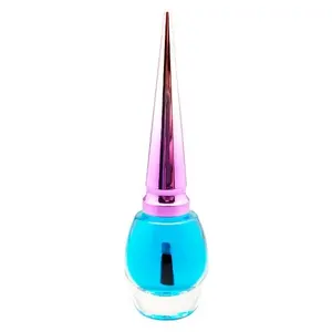 Beautiful oval shaped 12ml empty nail polish bottle glass with long colorful cone shaped cap and flat brush