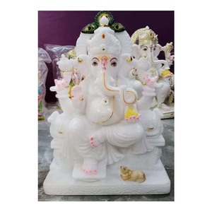 Escultura de sentado de Lord Ganesh Ji, mármol blanco pulido con mushakaj - Product Image 1
