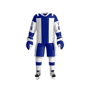 Uniforme de Hockey sobre Hielo Personalizado para Adultos, Azul y Blanco a Rayas, Sublimado, Cuello en V, Manga Larga, Transpirable, Poliéster, Deporte de Invierno - Product Image 1