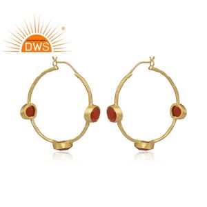 <b>Red</b> Onyx Gemstone Earrings Indian Style Gold Plated 925 Silver Women's Hoop Earrings Jewelry Manufacturer - Product Image 2