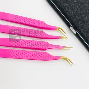 Pince à épiler d'extension de cils personnalisée rose vif et or acier inoxydable japonais volume de poignée de diamant solide et durable pointu - Product Image 1
