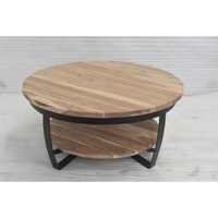 Table basse industrielle moderne de forme ronde plateau en bois d'acacia massif avec base en fer convertible pour salon bureau salon café