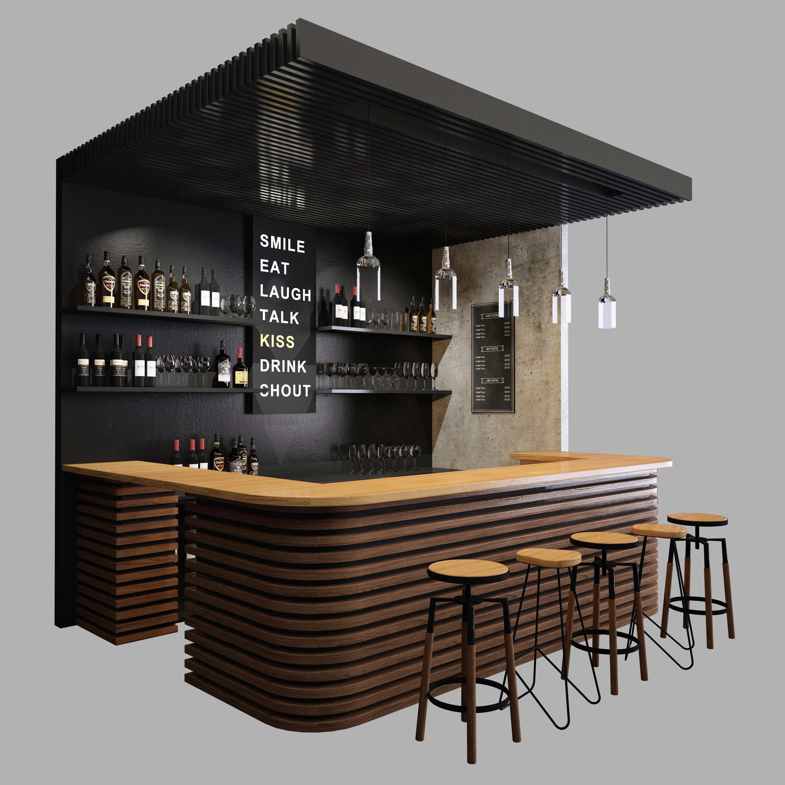 Commercial Solid Wood Bar Counter 3D Model - Industrial Cafe